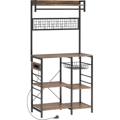 Mobile Scaffale Cucina 80x42x162 cm con Prese e LED Pannello in Metallo con 10 Ganci 5 Ripiani e Cestello Marrone Rustico (1/5)