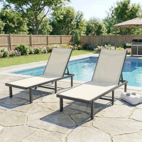 Conjunto de 2 Tumbonas Reclinables con Ruedas Respaldo Ajustable 4 Niveles Estructura de Aluminio Tela Textilene Beige (1/5)