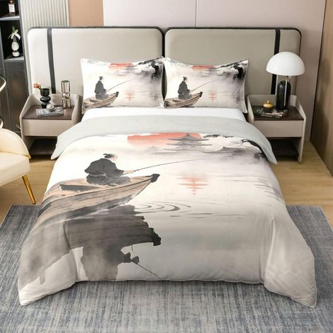 Bettwäsche-Set 155x220 cm Baumwolle Japanischer Stil Fischer Angeln Ukiyo-e Motiv
