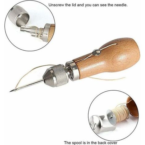 Kit Couture Cuir - Aiguilles Acier Inoxydable - Poinçon 135 mm - Fils Cirés 10 m - 173 mm Total - 1 Pièce (1/4)