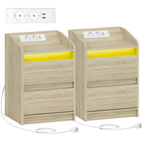 Comodini set di 2 con Luci a LED, Stazione di Ricarica e 2 Cassetti, Tavolino da Notte con Porte USB e Prese di Corrente, Ideale per Soggiorno e Camera da Letto, Quercia Chiaro (1/5)
