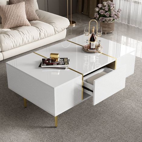 Table basse rectangle 100x60 cm, blanc laqué brillant avec 2 tiroirs, table d'appoint de canapé , MDF et métal doré (1/5)