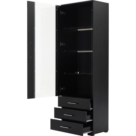 Hohe schwarze Hochvitrine aus MDF 60 x 35 x 180 cm mit LED und 3 Schubladen (1/5)