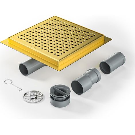 Caniveau de douche carré 20 20 cm, siphon 360° avec anti-odeurs et tamis à cheveux, gouttière d'écoulement en acier inoxydable, écoulement de sol très plat DN50 DN40, or, 20CM-OR (1/5)
