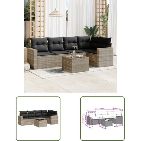 The Living Store 6-tlg. Garten-Sofagarnitur mit Kissen Hellgrau Poly Rattan - Gartenmöbel - PE-Rattan Möbel - Outdoor Sofa Set - Lounge Set - Esstisch