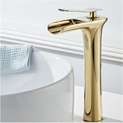 Luxuriöses Badezimmerwaschbecken, große weiße Messing-Arbeitsplattenarmatur, Griff, Warm- und Kaltwasser (Gold) (1/4)