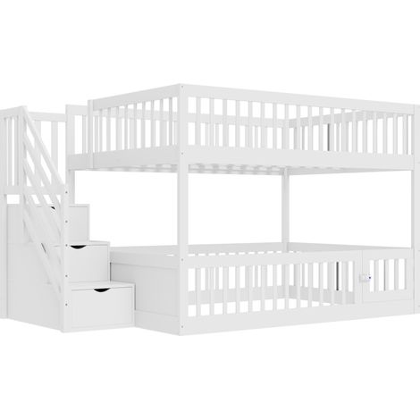 Lit superposé enfant 140 x 200 cm avec escalier de rangement et tiroirs, blanc (1/5)