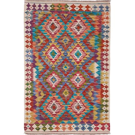 Tapis kilim 101 x 151 cm, géométrique, multicolore bleu et rouge, en laine naturelle, tissé plat authentique (1/5)