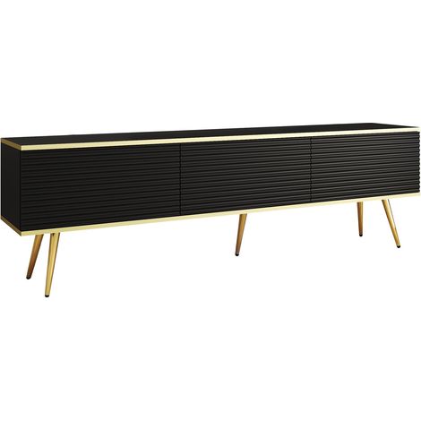 Meuble TV Avec Lamelles Noir, pieds Or, 175 × 30 × 52 cm, Push to Open (1/5)