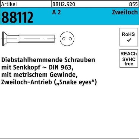 Vis R 88112 antivol Seko/trou double M6x 20 A 2 100 pièces
