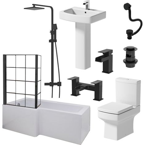 Aquari Complete Bathroom Suite Black LH Shower Bath Screen Basin Pedestal Toilet 1700mm (1/5)