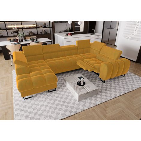 Wohnlandschaft Schlafsofa BASTIEN RELAX in Stoff Terra Honiggelb Ottomane Links