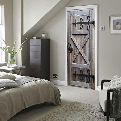Sticker mural en PVC imitation porte en bois vintage 95 x 215 cm pour effet trompe-l'œil 3D, décoration intérieure (1/3)