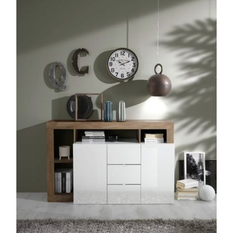 Buffet HAMBURG 2 portes et 3 tiroirs – Blanc laqué brillant / Bois Mercure