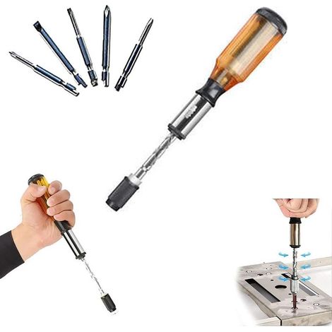 Tournevis à Cliquet Push-Pull, Tournevis à Cliquet en Spirale à Réglage Semi-Automatique avec 5 Têtes Remplaçables, Barre en Spirale, Pratique pour Le Stockage des Embouts (Jaune1) (1/5)