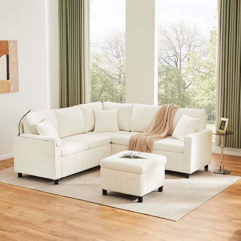 Canapé chenille convertible beige 205×205×85CM,lampe de lecture,connexion USB/Type-C,table basse pliante et double porte-gobelets intégrés. (1/5)