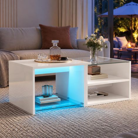 Table basse, Table de salon avec éclairage LED contrôlé par application, Plateau en verre et finition haute brillance,Design scandinave, 100x50x38cm, Blanc (1/5)