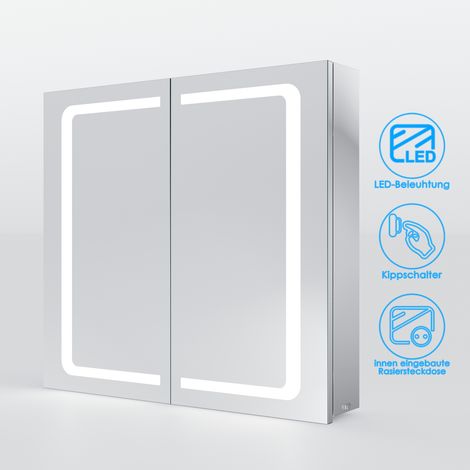 SONNI Edelstahl LED Spiegelschrank mit Beleuchtung Badschrank Spiegel 70x65cm,Kippschalter+Steckdose,Drahtloses Scharnier Design (1/5)
