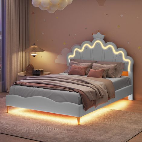 Lit Enfant Princesse 140x200 cm, Tête de lit Nuage/Couronne LED, Éclairage sous Lit, cadre de lit double, sommier à lattes, PU Blanc (1/5)