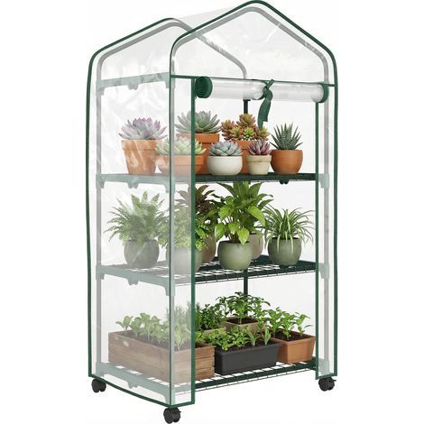 Mini serra da giardino con 3 ripiani, telo in PVC ad alta densità, porta avvolgibile, 4 ruote, 69 x 49 x 130 cm, trasparente (1/5)