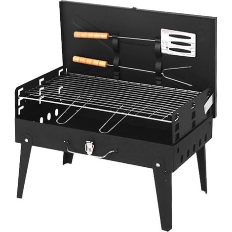 Tragbarer, faltbarer Holzkohlegrill mit verstellbarem Grillrost – Campinggrill aus Stahl, Kofferdesign, inklusive Grillbesteck (1/5)