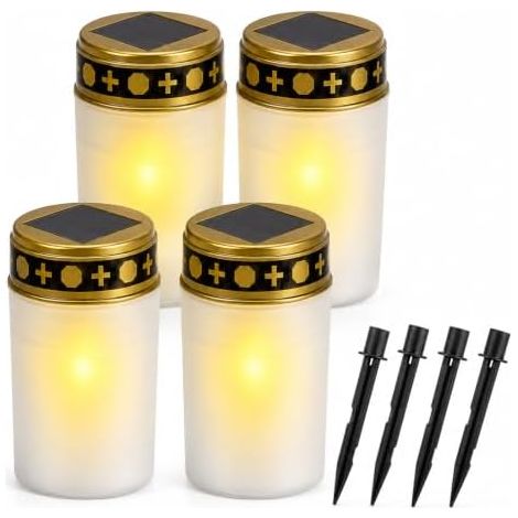 Bougie Funéraire LED Capteur Lumière - Lampe Cimetière Étanche IP55, 4 Pièces, Blanc, 7 x 12 cm [Classe énergétique A] (1/5)