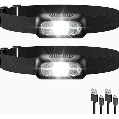Lampe frontale LED rechargeable 2 pièces, lampe torche avec 5 modes d'éclairage, étanche IP44, lampe frontale portable avec lumière rouge pour cyclisme, camping, randonnée, bricolage [Classe énergétiq (1/5)