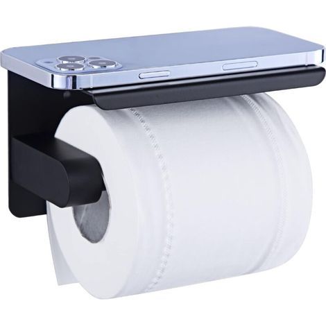 Porte Papier Toilette, Support Papier Rouleau sans Percage Derouleur Papier WC,Distributeur Papier avec Tablette, Acier INOX SUS 304, Colle Auto-adhésive et Mural pour Salle de Bain (Noir) (1/4)