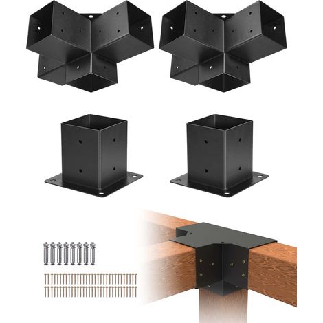 Kit Supports de Pergola, Lot de 4, Support de Poteau Bois 92x92 mm, 2 Supports d'Angle 4 Voies, 2 Bases de Poteaux, Acier au Carbone, pour Poutres Bois Standard, Banquets de Fête en Plein Air (1/5)