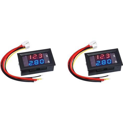 Set aus 2 digitalen Voltmeter/Amperemetern mit 0,28"-LED-Anzeige, DC 0-100V, 10A, Dual-Display-Spannungsmesser, Multimeter, Stromprüfer und Anschlusskabeln.
