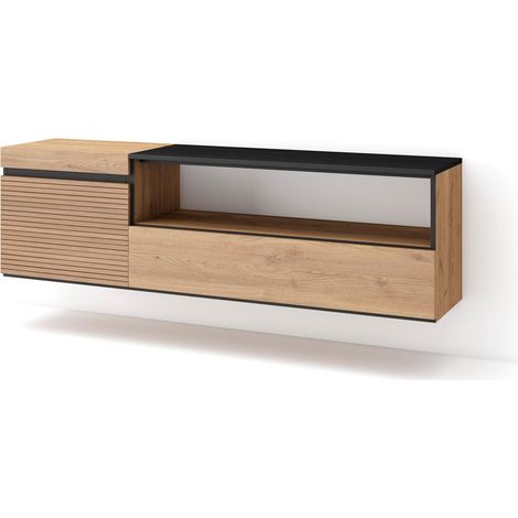 Skraut Home - Meuble TV, Banc Télé, Grand espace de Rangement, 150x45x35cm, Pour les TV jusqu'à 65", Suspendu, Mural, Style moderne, Chêne (1/5)