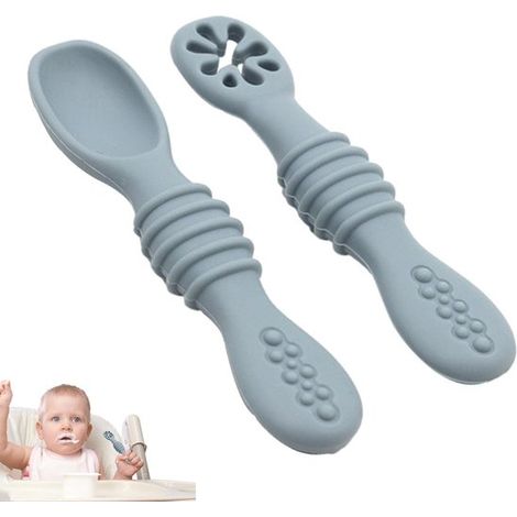 Cuillères d'apprentissage pour bébé - 2 pièces - Cuillères en silicone - Bleu (1/5)