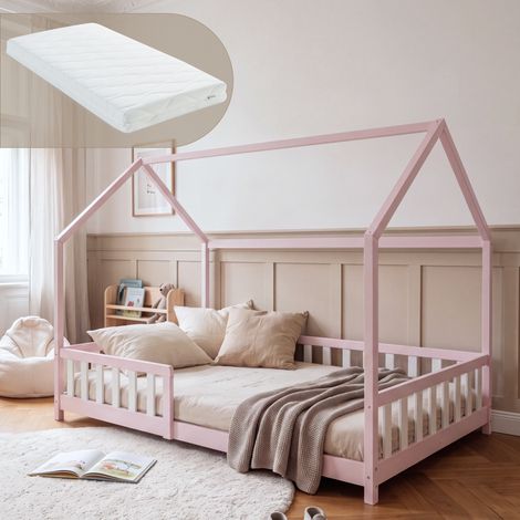 Hausbett Hesel mit Matratze und Rausfallschutz 140x200 cm Rosa/Weiß [en.casa] (1/5)