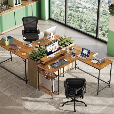 Bureau d'angle gaming 2-en-1 DEVAISE, convertible en L (140 x 118 cm) ou en I (208 x 50 cm), avec éclairage RGB, support pour écran et étagère, idéal pour le télétravail, marron vintage (1/5)