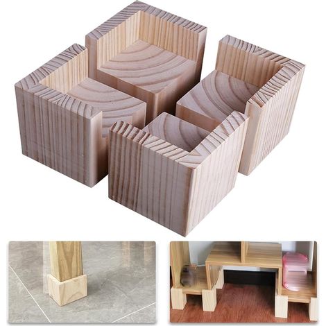 Ensemble de 4 rehausseurs de meubles en bois pour bureau, lit ou table. Pieds de rehausse pour meubles.