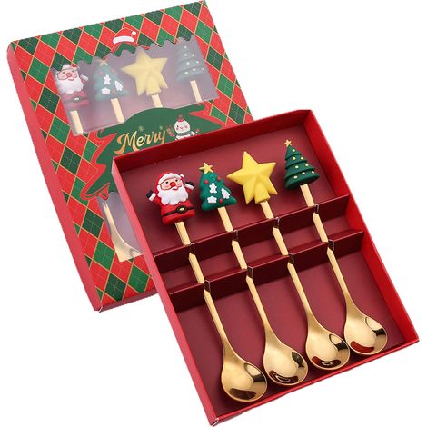 Cuillère Fourchette De Noël - Acier Inoxydable - Poignée Thème Festif - Pour Service Table - Lot De 4 Ou 6 Pièces (1/5)
