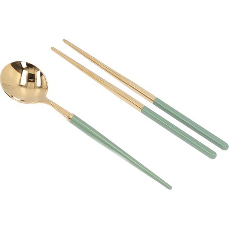 Ensemble de couverts en acier inoxydable réutilisables, boîte de rangement pour étudiants, fourchette, cuillère et baguettes de voyage, vert et or