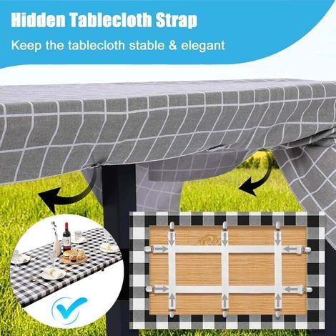Lot de 6 clips de support de nappe avec sangle cachée, élasticité réglable, pince pour nappe de pique-nique, intérieur et extérieur, couverture de banc, fête, camping, camping-car (1/3)