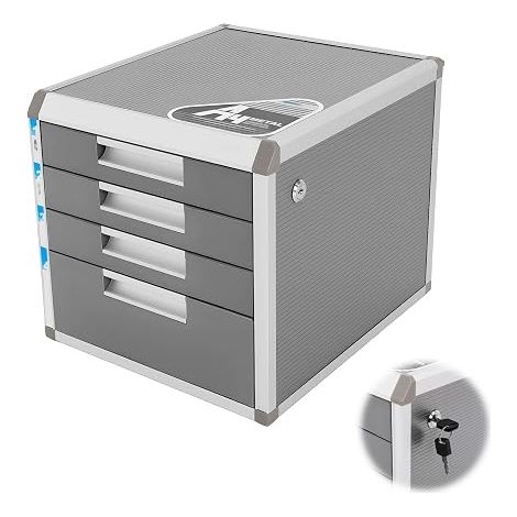 Armoire de classement à 4 tiroirs verrouillables en alliage d'aluminium - Boîte à documents pour format A4 - 31,5 x 35 x 29,8 cm - 1 grand + 3 petits compartiments, étagères en MDF et 2 clés - Gris (1/5)