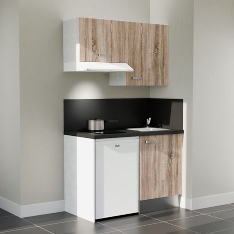 Kitchenette K01L-PT - 120 cm avec plan de travail et évier, emplacements frigo et hotte - Façade Bois - Plan Noir texturé - Evier Inox - Crédences Oui (1/5)