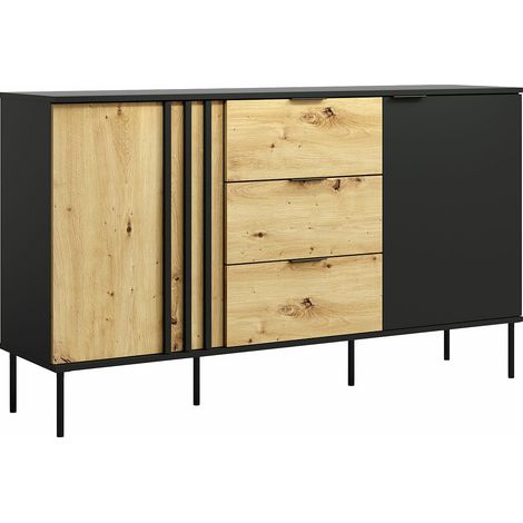 Credenza con 2 ante e 3 cassetti Nero e Naturale - TUNALO (1/2)