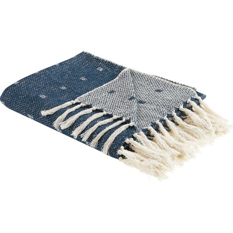 Beliani Blanket Teal Cotton 130 x 170 x 0.3 cm Boho Throw Geometric Pattern Fabric, 40% Acrylic 60% Cotton, Blue TAARI