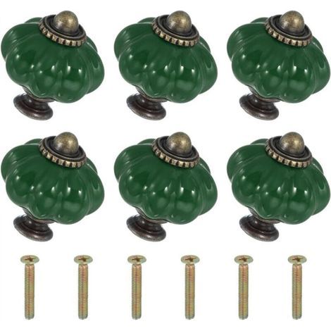 Boutons en céramique vert foncé, 3,33,33,8 cm, 6 pièces avec vis, boutons et poignées de tiroir d'armoire en céramique en forme de citrouille. (1/4)