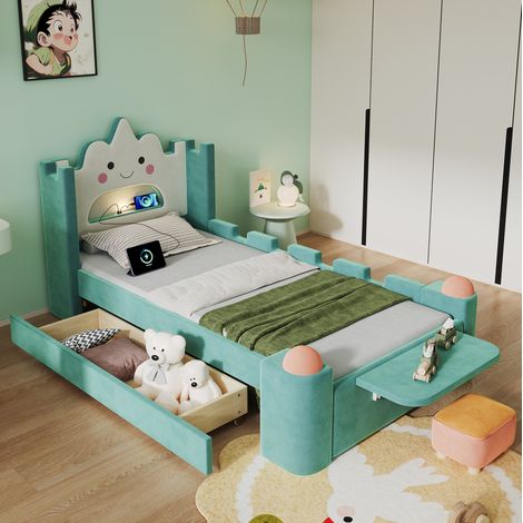 Cama infantil 90x200 cm con lámpara LED, USB y cajón, azul verdoso OKMYHOME (1/5)