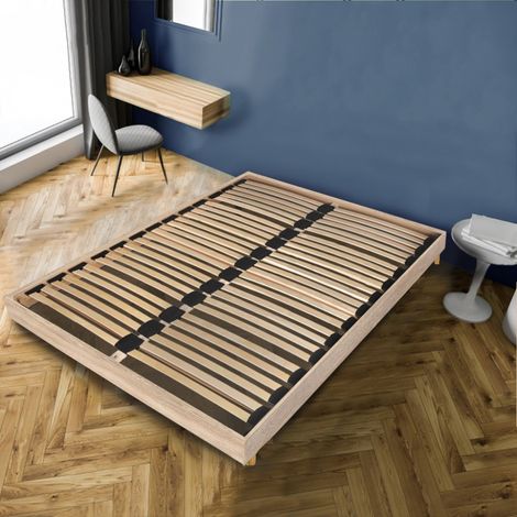 Le Quai Des Affaires – Sommier sur pied 180x200 cm – Structure en MDF chêne blanchi – 56 lattes en bouleau – Pieds diamètre 50 mm – Montage facile