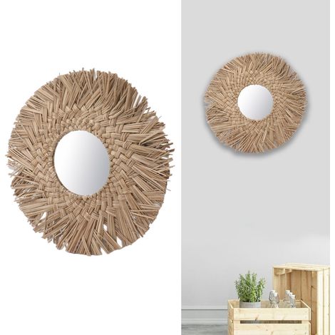 Miroir mural tressé style nordique rétro, couleur naturelle, diamètre 40 x 14 cm (1/5)