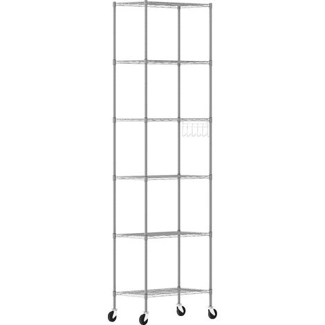 Etagère Métallique de Rangement à 6 niveaux 54 x 29 x 160cm, Pieds Réglables, 4 Roulettes, Bibliothèque, Rayonnage, pour Salon, Cuisine, Balcon et Salle de Bain, avec Crochets Argent (1/5)