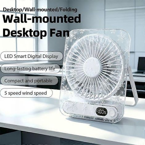 Ventilador de escritorio portátil recargable por USB, batería de 3000 mAh, ultra silencioso, 5 velocidades, diseño plegable de 180°, pantalla digital, ventilador de mesa acrílico para el hogar y la of (1/5)