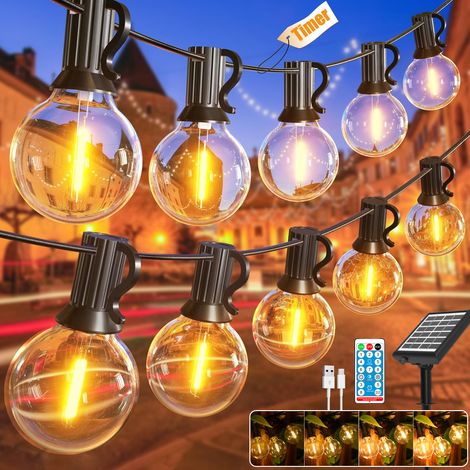 Cadena de luz solar para exteriores de 7 m, Lámpara solar de jardín con control remoto y 10 bombillas LED G40, carga USB, 8 modos, IP44 (juego de 2) (1/5)