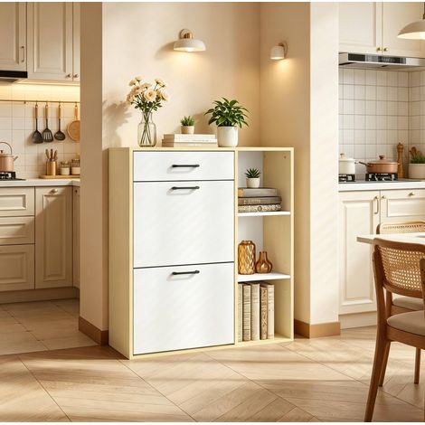 Meuble à chaussures 80x90x30 cm blanc, rangement 3-en-1, MDF, métal, plastique MEUBLIV (1/4)